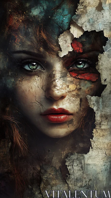 Female portrait merged with cracked textured surface.