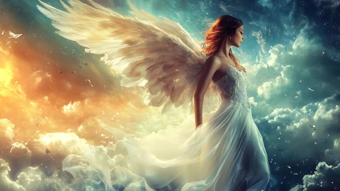 Winged female figure in flowing dress amid divided sky.