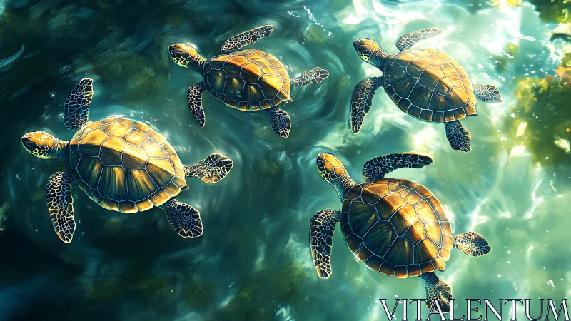 Golden sea turtles gliding together through sunlit water.