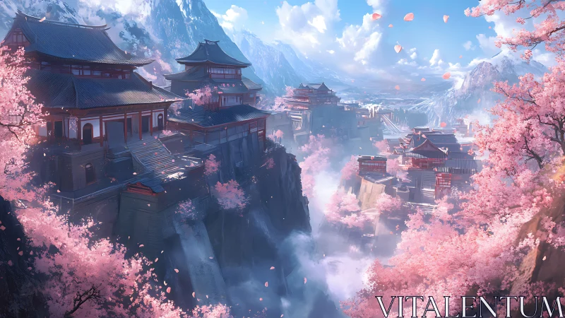 Digital painting of terraced mountain temples in cherry blossom haze.