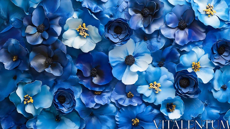 Blue and white flowers with gold centers arranged densely
