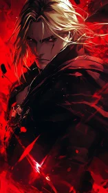 Fierce blonde warrior stands in blazing crimson storm of power