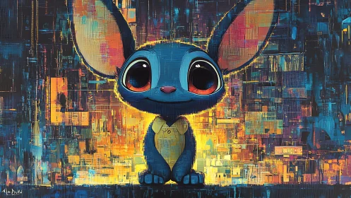 Blue cartoon creature against geometric multicolor background.