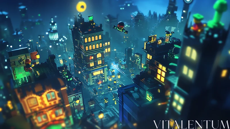 Lego cityscape glows under neon night with dynamic figures
