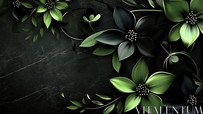 Luminous Green Florals on Deep Textured Dark Background