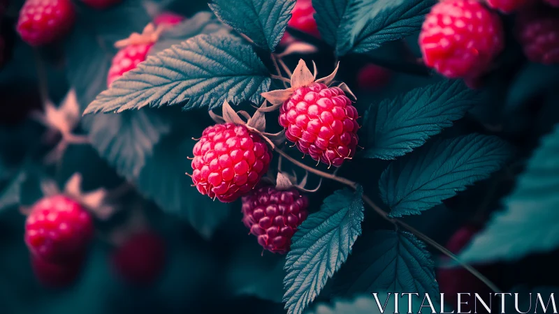 Raspberries hang on leafy stems with shallow depth of field