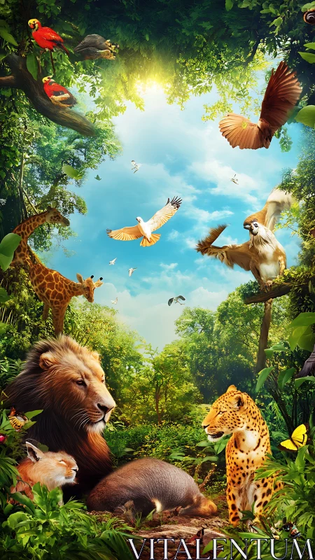 Vibrant rainforest wildlife circle under bright midday sky.