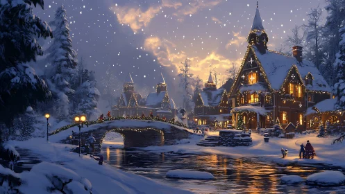 Digital painting of illuminated winter village with river bridge.