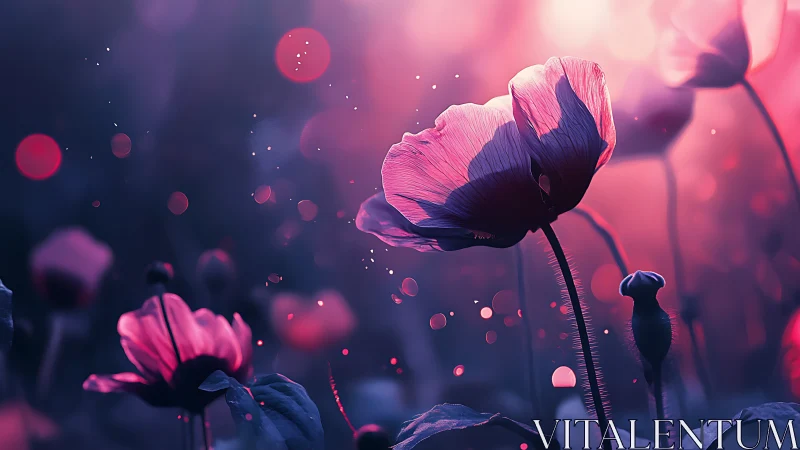 Backlit poppy flowers in shallow depth of field scene.