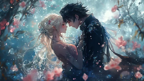 Romantic anime couple amid glowing blossoms at dusk.