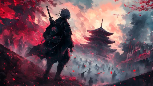 Lone samurai walks toward a misty temple of crimson skies.