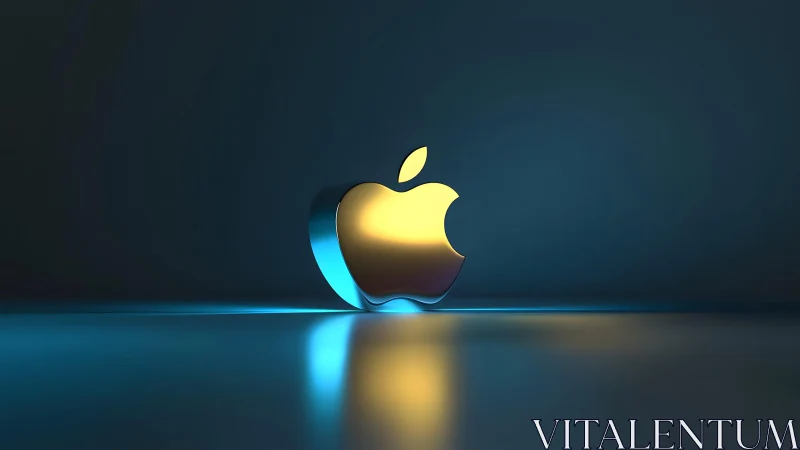 3D Golden Apple Logo on Reflective Surface with Blue Ambient Light.