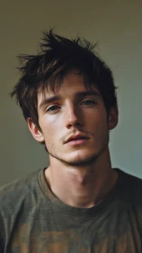 Disheveled young man gazes calmly into soft natural light.