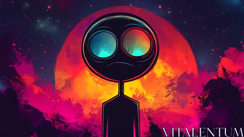 Neon cosmic silhouette against vaporwave supernova backdrop.