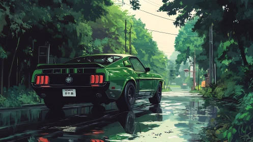 Emerald muscle car idles in rain-washed suburban forest street.