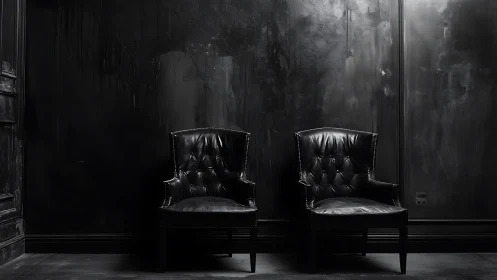 Twin black leather chairs sit in a moody, shadowed interior