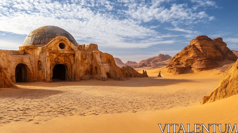 Desert ruin stands beneath domed roof in golden dunes.