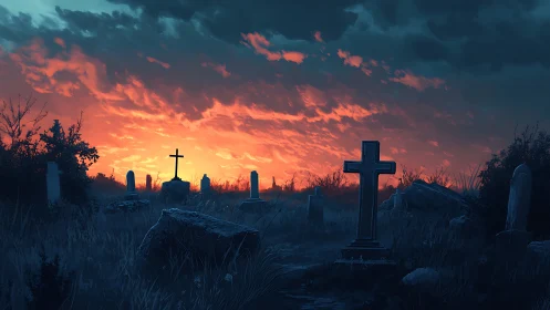 Graveyard silhouettes under red dusk sky and dark clouds.