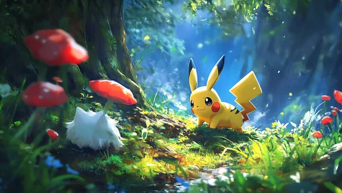 Pikachu explores luminous forest path under towering tree.