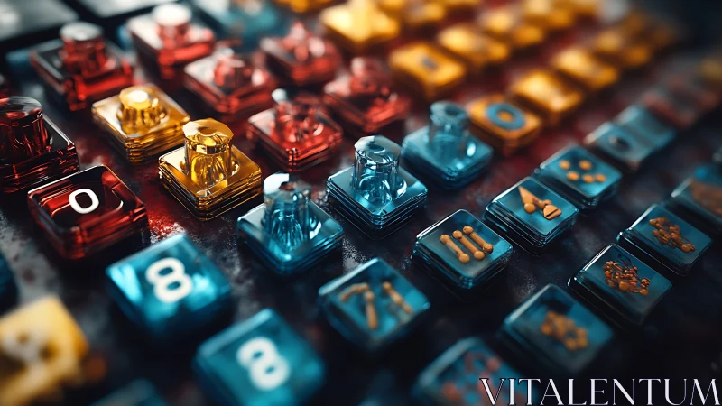 Glassy data keys marching across a neon logic grid.