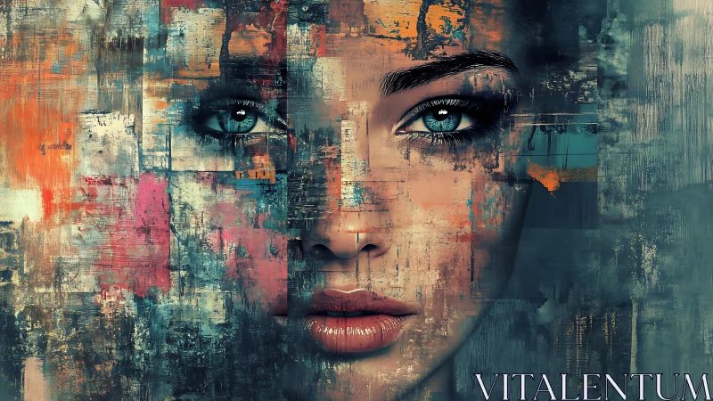 Pixel storms gather as a painted cyber-muse gazes back