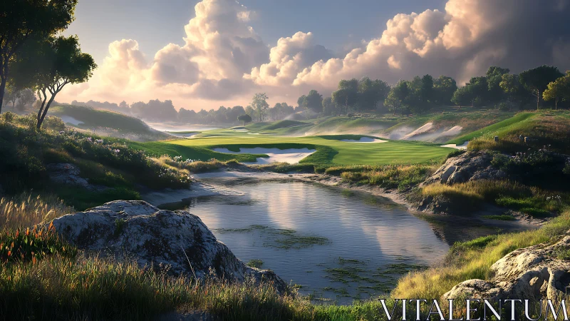 Dramatic sunset golf course with reflective water hazard pond