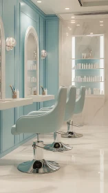 Pastel blue salon interior with modern styling chairs.