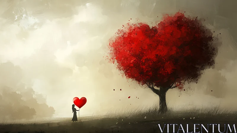Silhouetted figure holding monolithic crimson heart beneath sprawling tree with dispersed particle c