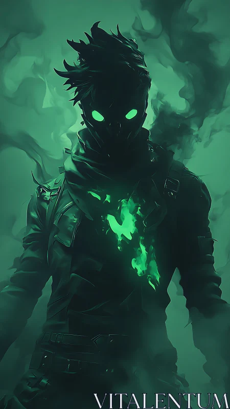 Spectral rogue with neon green core flame in cloaked silhouette