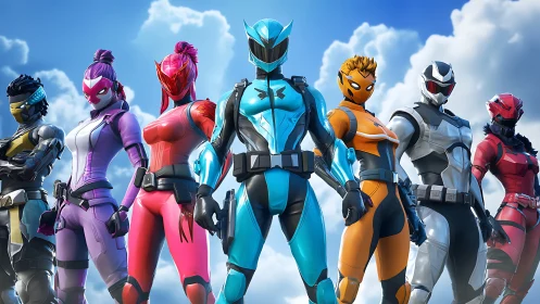 Neon-armored hero squad strides beneath fearless battle skies.