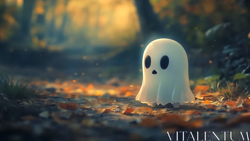 Tiny twilight ghost wanders through a glowing autumn path.