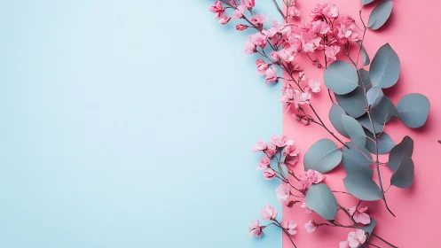 Dichromatic Floral Composition with Pink Blossoms and Blue-Gray Eucalyptus Foliage Against Split Bac