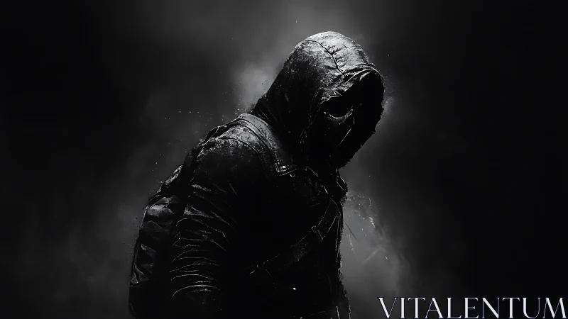 Hooded shadow figure rendered with high-contrast chiaroscuro lighting