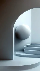 Curved stair structure and suspended sphere in soft lighting