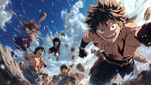 Fierce anime heroes charge forward in a sky‑shattering battle