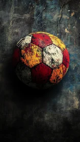 Weathered football rests against dark textured wall.