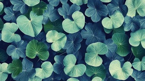 Botanical pattern of overlapping teal lotus leaves in plan view