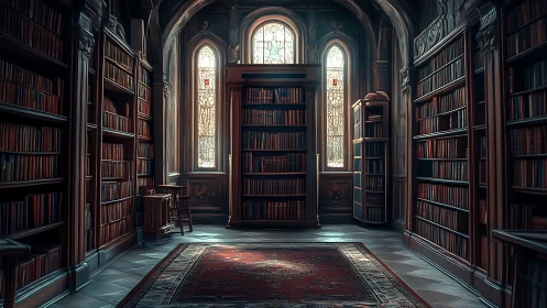 Gothic library interior with glowing stained glass windows.