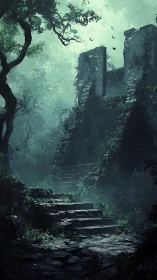 Overgrown stone stairway ascending toward ruined structure.