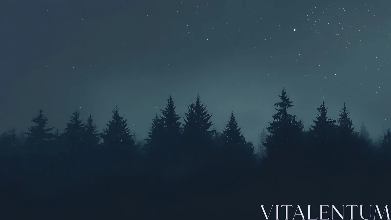 Starry Night Over Evergreen Forest Silhouettes.