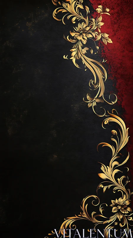 Baroque floral gold ornament on distressed red-black panel.
