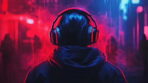 Cyberpunk listener stands in neon mist, lost in sound.