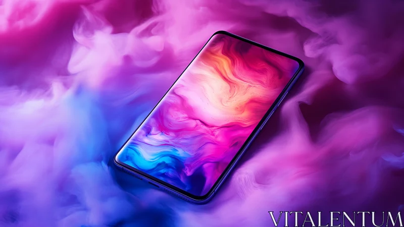 Bezel‑less smartphone floats in neon clouds of vivid color