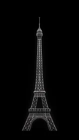 Minimalist wireframe Eiffel Tower glows on deep black