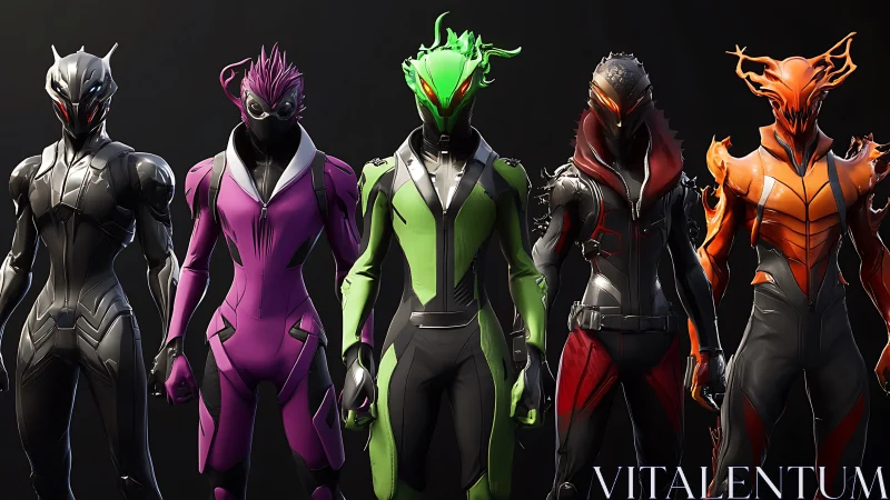 Five stylized armored humanoid characters in colored suits.