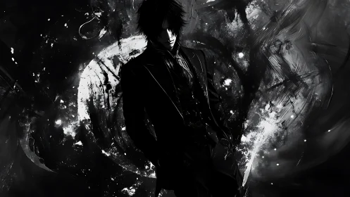 Dark suited figure before abstract monochrome vortex form.