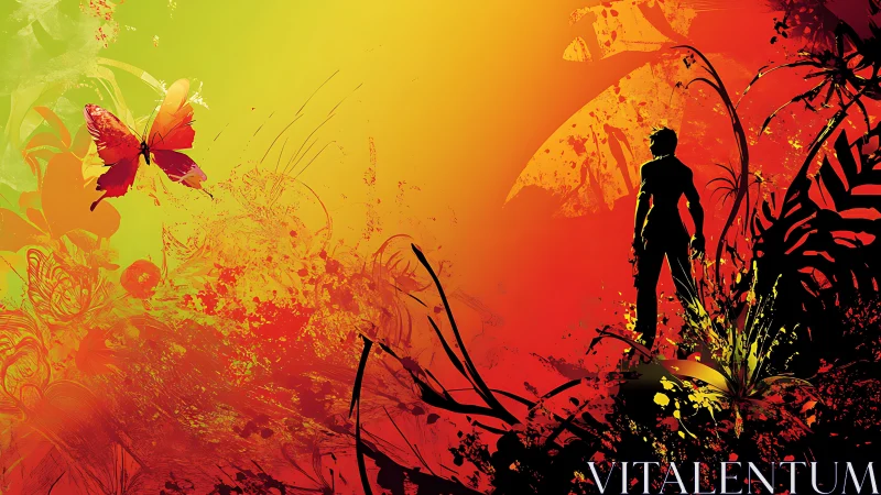 Silhouetted figure watches radiant butterfly in neon dusk.