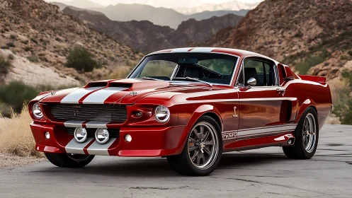 Classic red muscle car gleams against a rugged desert pass