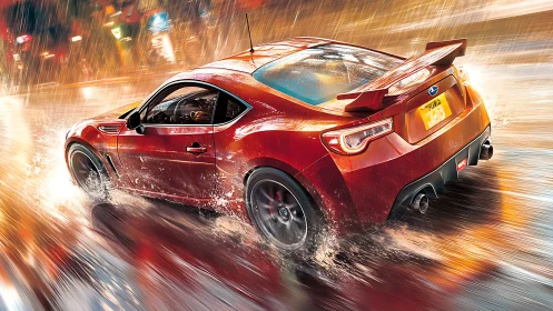 Red sports coupe powers through neon city rainstorm at speed.