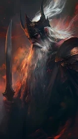 Armored elder warrior holds a sword amid controlled firelight
